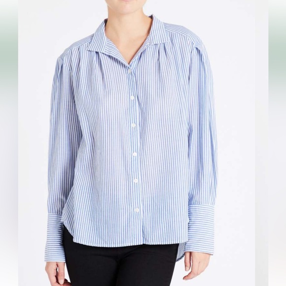 Frame Denim Pleated Clean Collar Blouse Navy Multi Blue White Stripe size Large - Picture 5 of 16